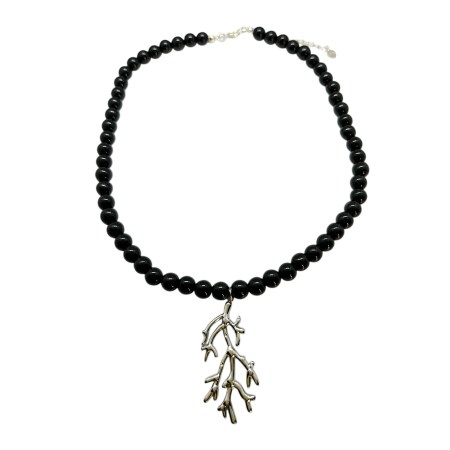 necklace black natural stone and silver sea plant